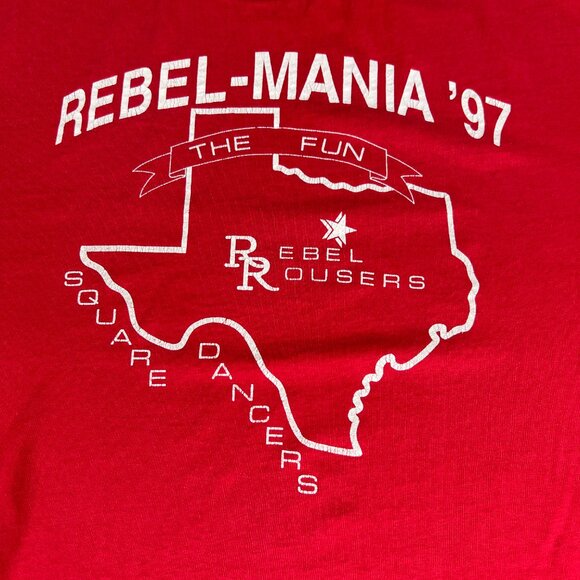 VTG 90s Texas Rebel Rousers Mania Square Dancer Shirt Extra Large Red Faded Tee - Picture 2 of 11